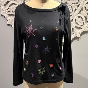 Vintage Onque Casual Christmas theme Embroidered Black Women's Top L
